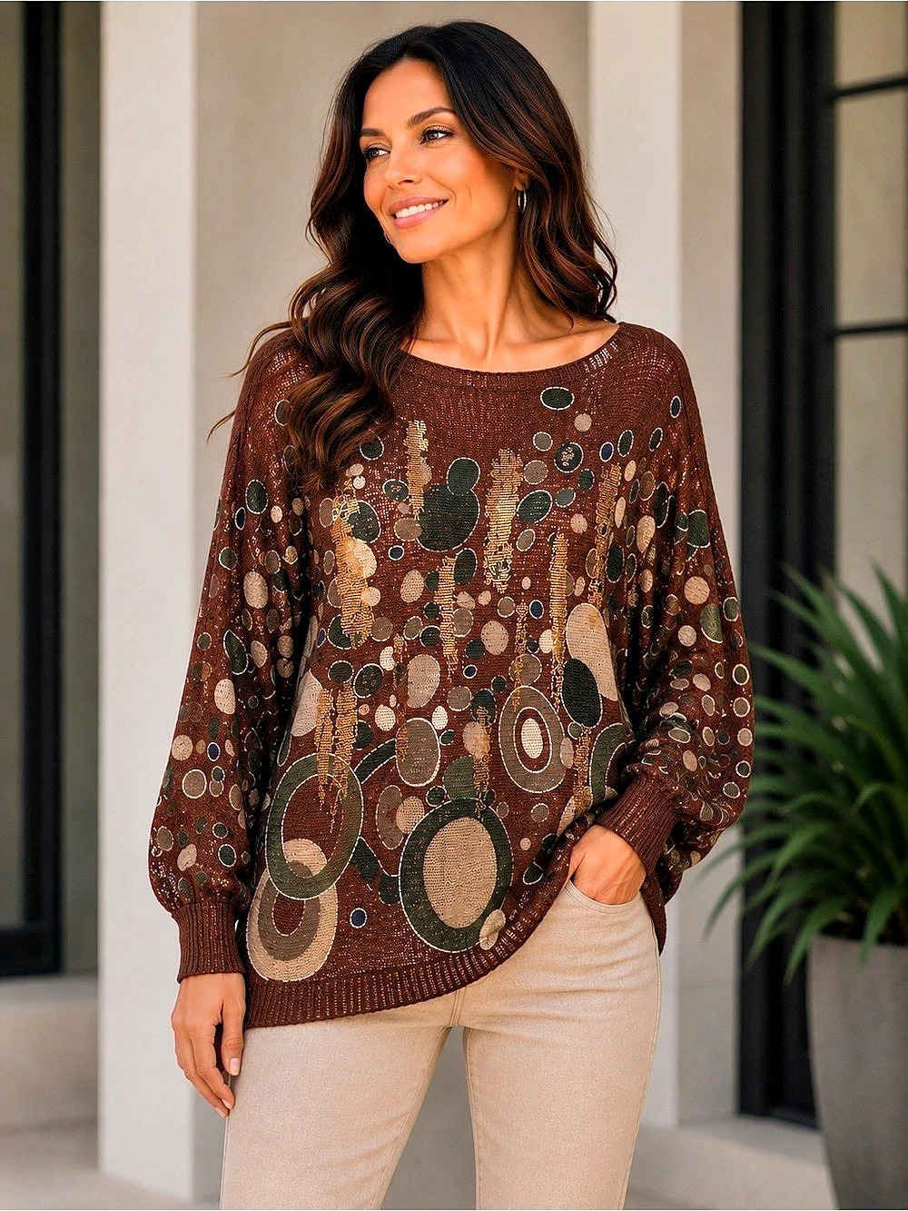 New Collection Made in Italy Rust Abstract Print Lightweight Knit Top | One Size